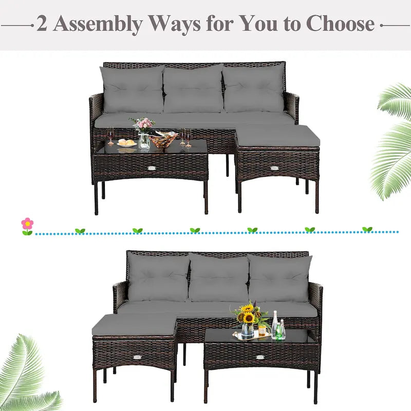 Costway 3PCS Patio Rattan Furniture Set 3-Seat Sofa Cushioned Table - See details
