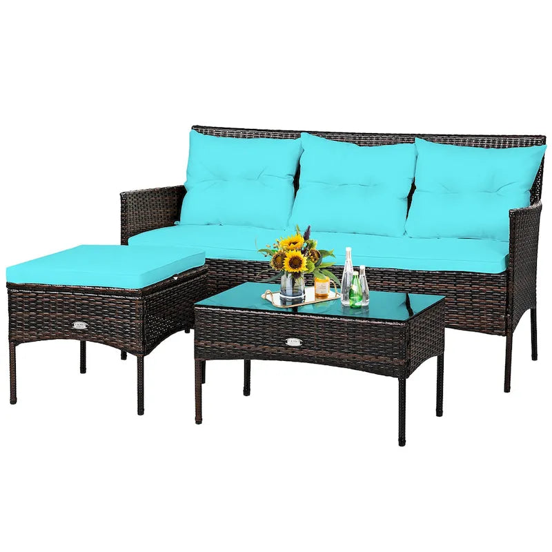 Costway 3PCS Patio Rattan Furniture Set 3-Seat Sofa Cushioned Table - See details