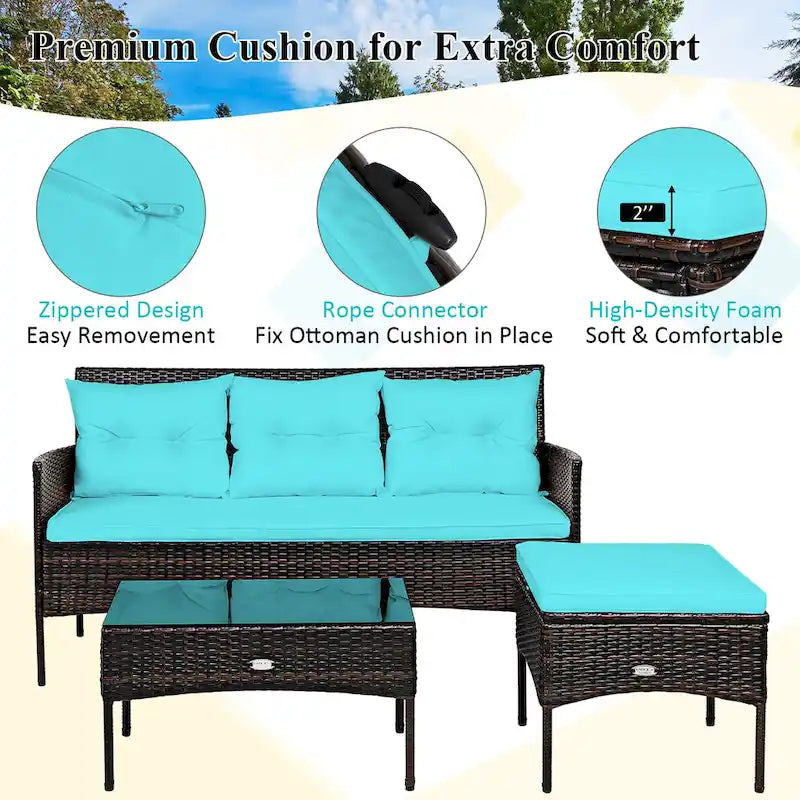 Costway 3PCS Patio Rattan Furniture Set 3-Seat Sofa Cushioned Table - See details