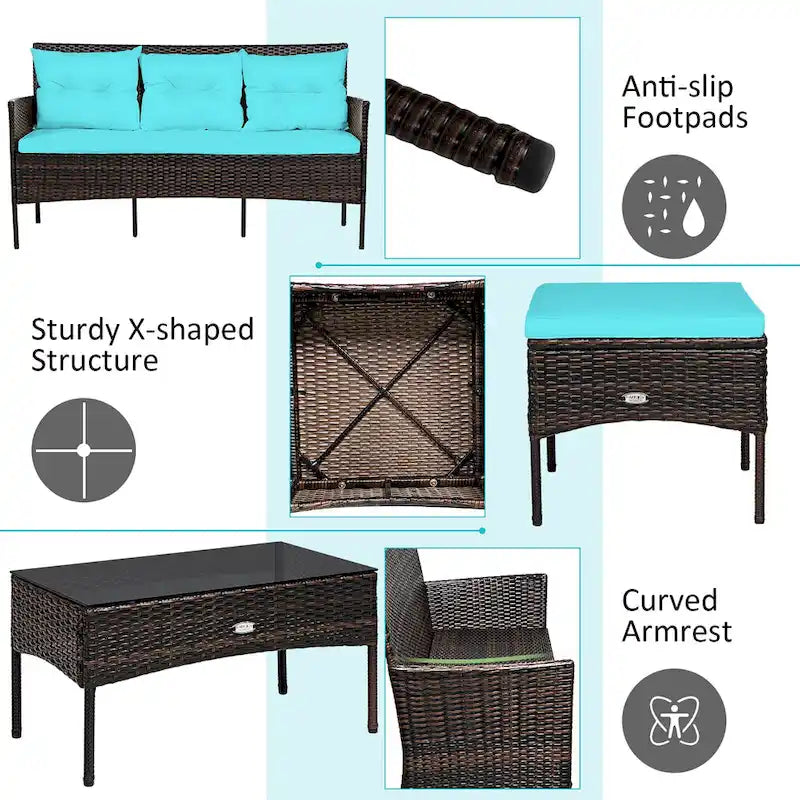 Costway 3PCS Patio Rattan Furniture Set 3-Seat Sofa Cushioned Table - See details