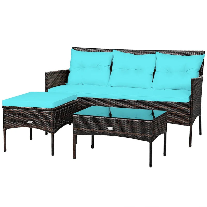 Costway 3PCS Patio Rattan Furniture Set 3-Seat Sofa Cushioned Table - See details