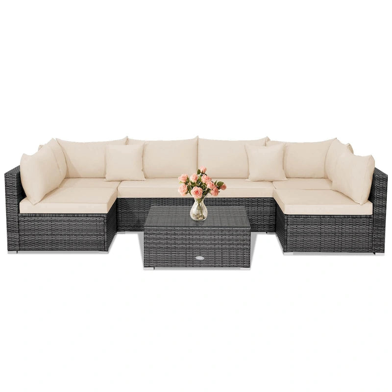 Gymax Set of 7 Rattan Furniture Set Sectional Sofa Cushioned Patio Mix