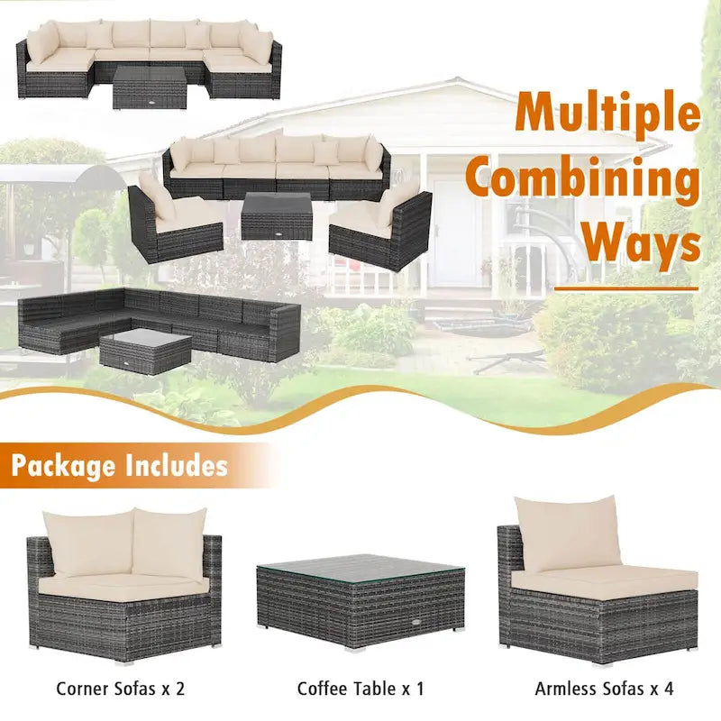 Gymax Set of 7 Rattan Furniture Set Sectional Sofa Cushioned Patio Mix