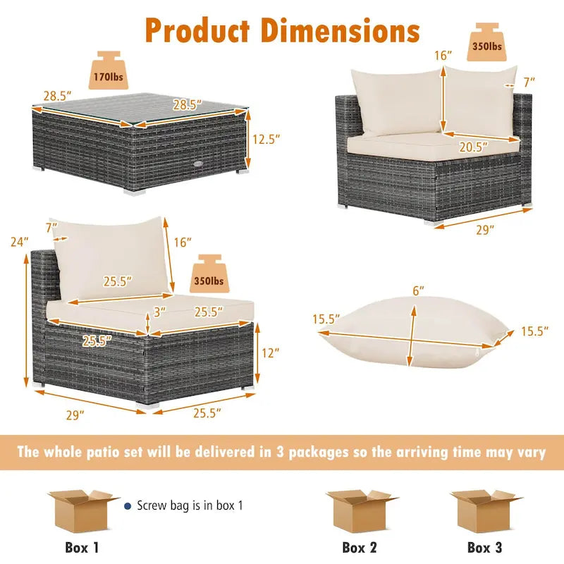 Gymax Set of 7 Rattan Furniture Set Sectional Sofa Cushioned Patio Mix