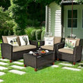 Costway 4PCS Patio Rattan Furniture Set Solid Wood Leg Cushioned Sofa - See Details