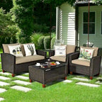 Costway 4PCS Patio Rattan Furniture Set Solid Wood Leg Cushioned Sofa - See Details