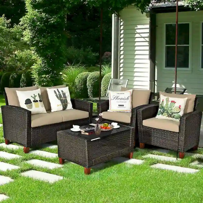 Costway 4PCS Patio Rattan Furniture Set Solid Wood Leg Cushioned Sofa - See Details
