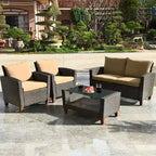 Costway 4PCS Patio Rattan Furniture Set Solid Wood Leg Cushioned Sofa - See Details