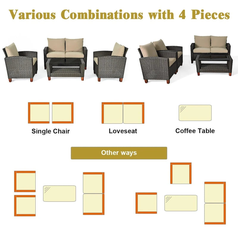 Costway 4PCS Patio Rattan Furniture Set Solid Wood Leg Cushioned Sofa - See Details