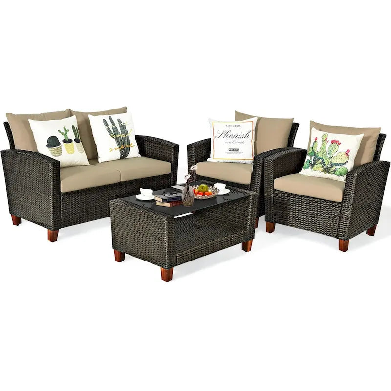 Costway 4PCS Patio Rattan Furniture Set Solid Wood Leg Cushioned Sofa - See Details