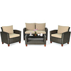Costway 4PCS Patio Rattan Furniture Set Solid Wood Leg Cushioned Sofa - See Details