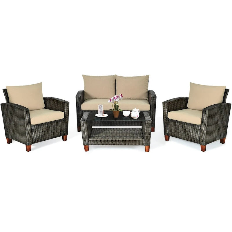 Costway 4PCS Patio Rattan Furniture Set Solid Wood Leg Cushioned Sofa - See Details