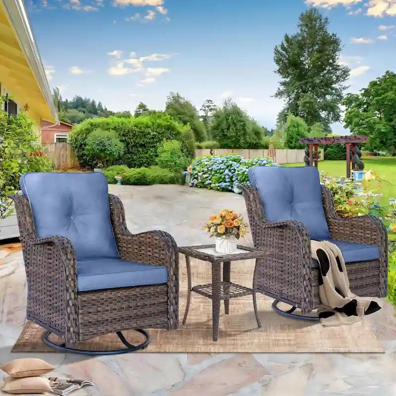 3 Piece Outdoor Swivel Rocker Chairs Set with Cushions and Patio Table