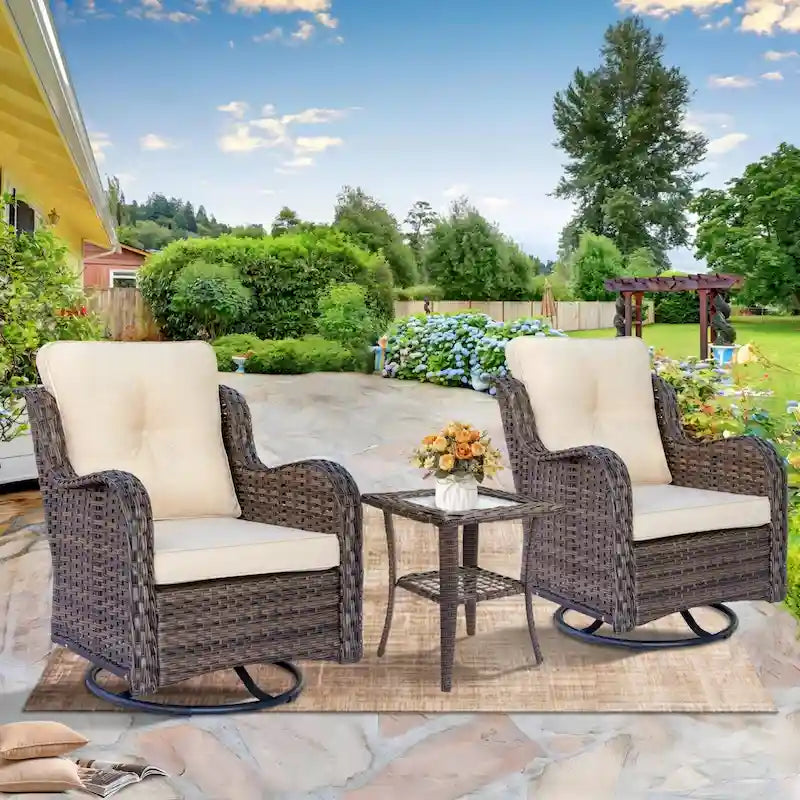 3 Piece Outdoor Swivel Rocker Chairs Set with Cushions and Patio Table