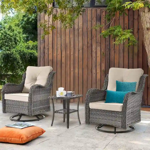 3 Piece Outdoor Swivel Rocker Chairs Set with Cushions and Patio Table