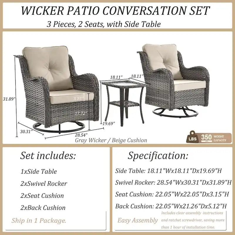 3 Piece Outdoor Swivel Rocker Chairs Set with Cushions and Patio Table