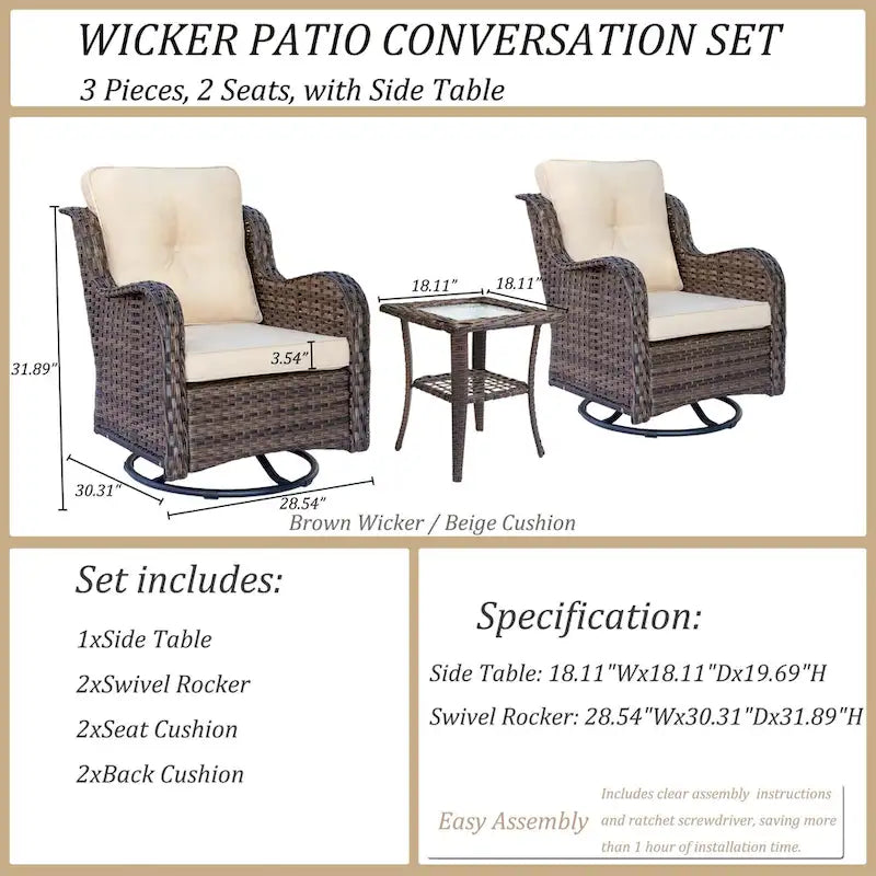 Outdoor Swivel Rocker Chairs with Cushions and Patio Table