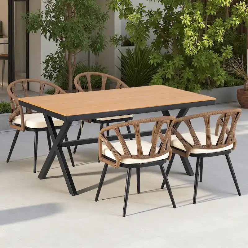 5-Piece Outdoor Patio Iron Dining Set with Rectangular Table and 4 Rope Art Cushioned Chairs