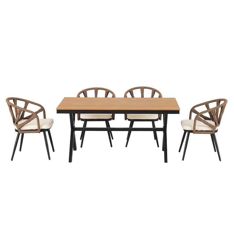 5-Piece Outdoor Patio Iron Dining Set with Rectangular Table and 4 Rope Art Cushioned Chairs