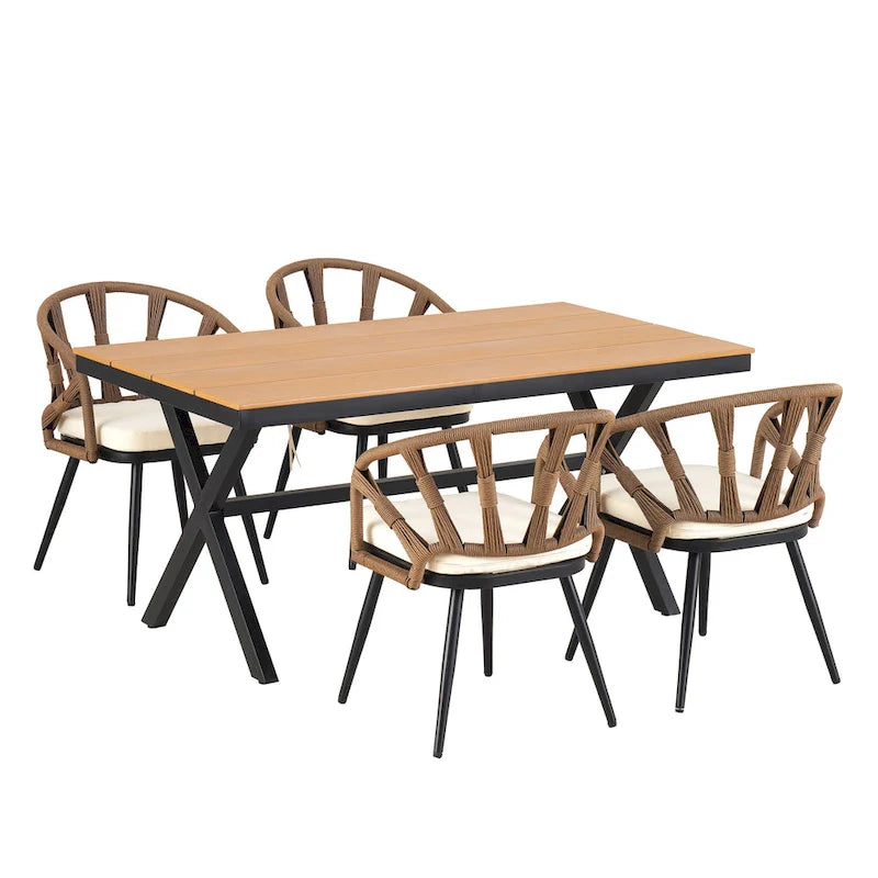 5-Piece Outdoor Patio Iron Dining Set with Rectangular Table and 4 Rope Art Cushioned Chairs