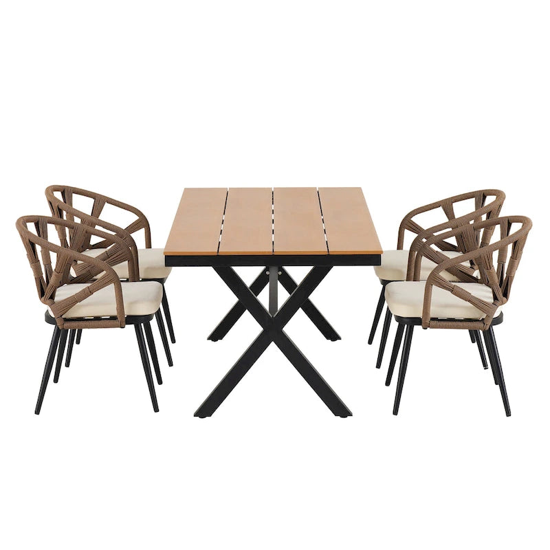 5-Piece Outdoor Patio Iron Dining Set with Rectangular Table and 4 Rope Art Cushioned Chairs