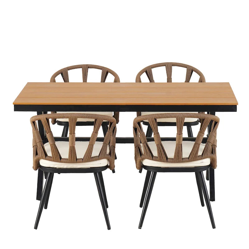 Outdoor Patio Iron Dining with Acacia Wood Armrest