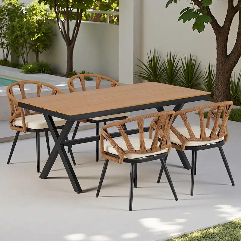 Outdoor Patio Iron Dining with Acacia Wood Armrest