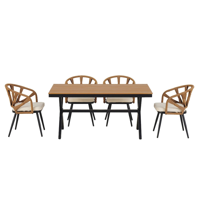 Outdoor Patio Iron Dining with Acacia Wood Armrest