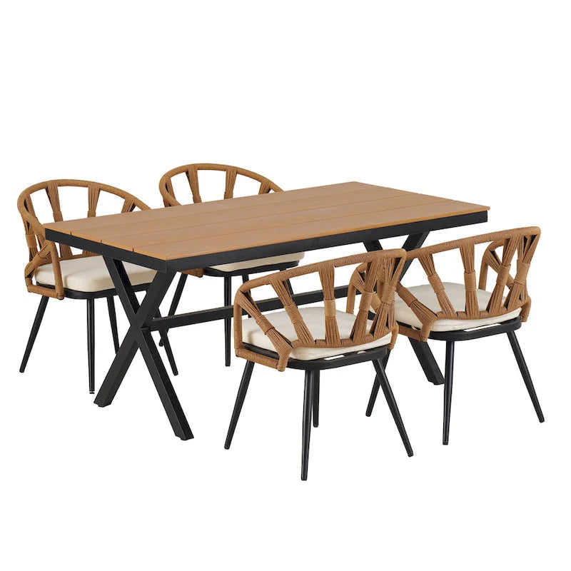 Outdoor Patio Iron Dining with Acacia Wood Armrest