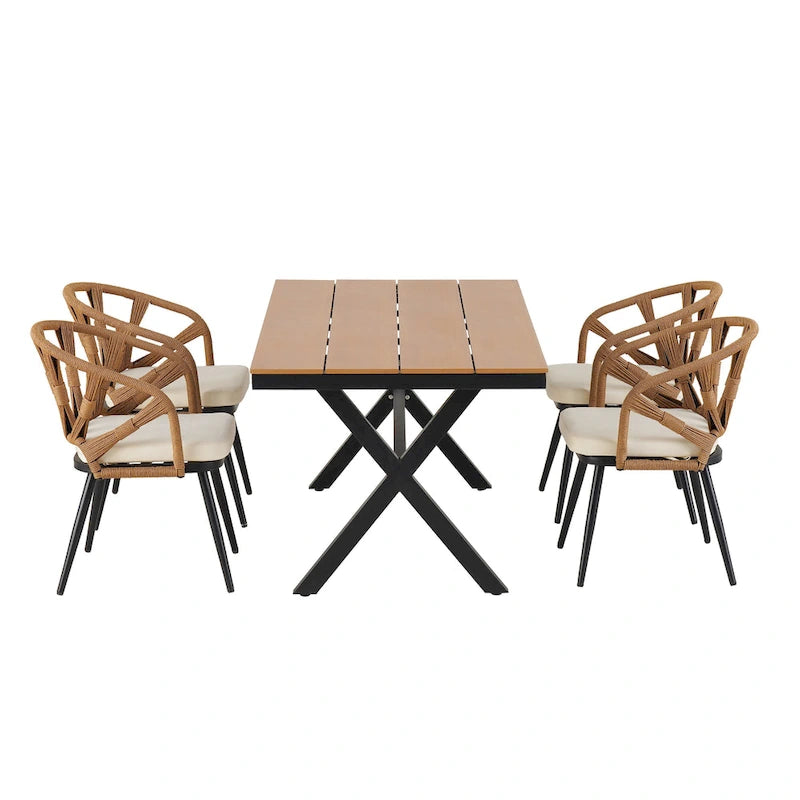 Outdoor Patio Iron Dining with Acacia Wood Armrest