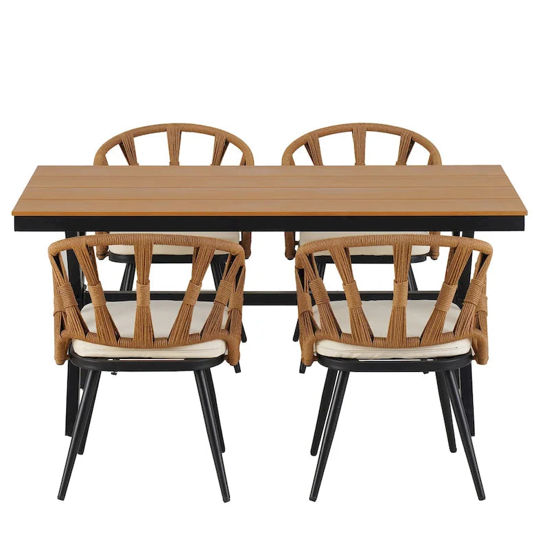 Outdoor Patio Iron Dining with Acacia Wood Armrest
