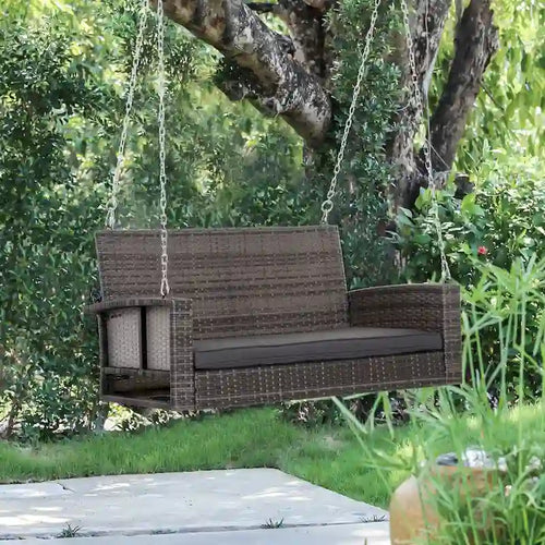 2 Person Wicker Hanging Swing Bench, Front Porch Swing Outdoor Chair with Cushions 550 lbs, Weight Capacity for Backyard, Garden