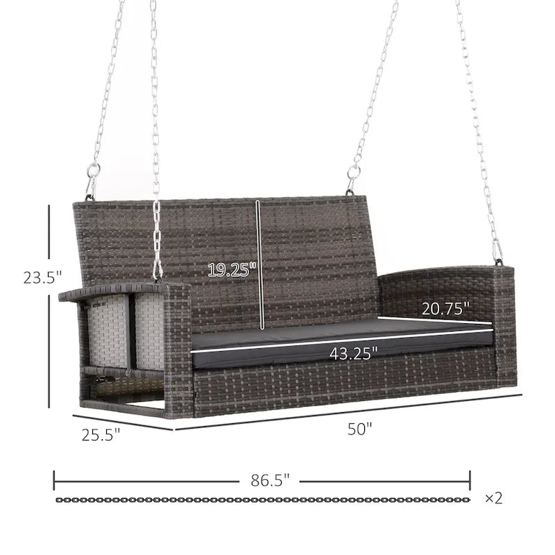 2 Person Wicker Hanging Swing Bench, Front Porch Swing Outdoor Chair with Cushions 550 lbs, Weight Capacity for Backyard, Garden