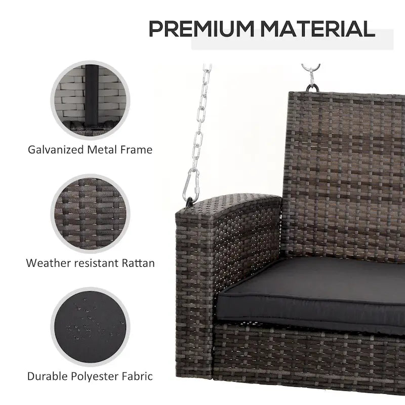 2 Person Wicker Hanging Swing Bench, Front Porch Swing Outdoor Chair with Cushions 550 lbs, Weight Capacity for Backyard, Garden