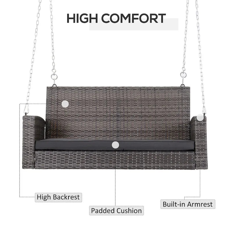 2 Person Wicker Hanging Swing Bench, Front Porch Swing Outdoor Chair with Cushions 550 lbs, Weight Capacity for Backyard, Garden