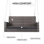 2 Person Wicker Hanging Swing Bench, Front Porch Swing Outdoor Chair with Cushions 550 lbs, Weight Capacity for Backyard, Garden