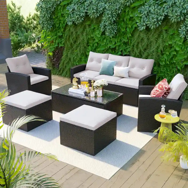 6 Piece Outdoor Patio Furniture Set, All-Weather Wicker Rattan Sectional Sofa Set with 2 Chairs, Ottomans and Coffee Table