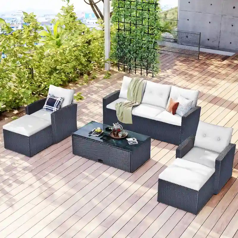 6 Piece Outdoor Patio Furniture Set, All-Weather Wicker Rattan Sectional Sofa Set with 2 Chairs, Ottomans and Coffee Table
