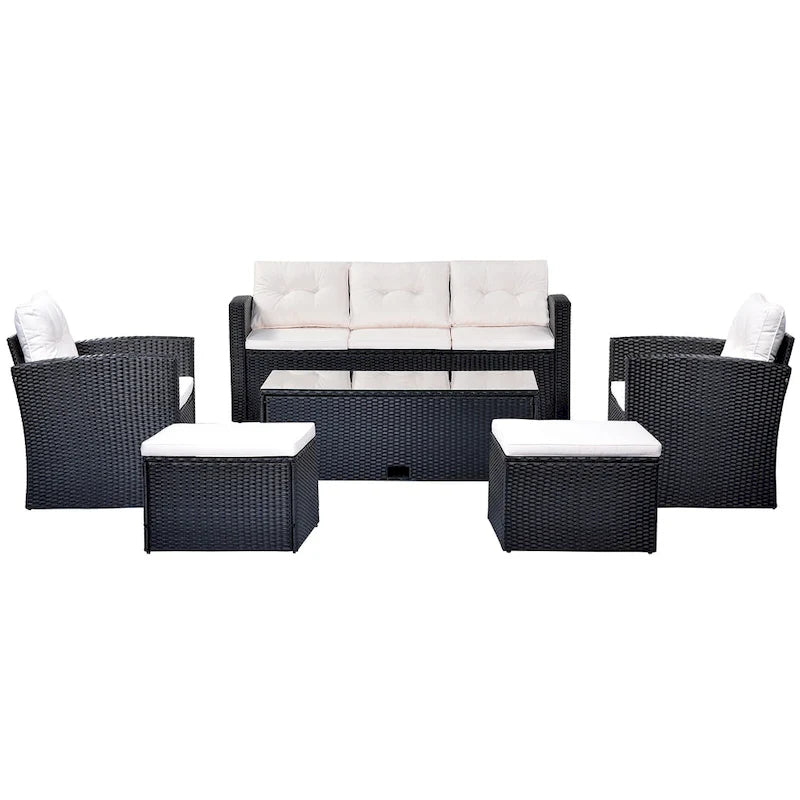 6 Piece Outdoor Patio Furniture Set, All-Weather Wicker Rattan Sectional Sofa Set with 2 Chairs, Ottomans and Coffee Table