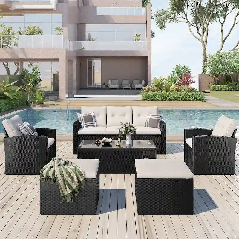 6 Piece Outdoor Patio Furniture Set, All-Weather Wicker Rattan Sectional Sofa Set with 2 Chairs, Ottomans and Coffee Table