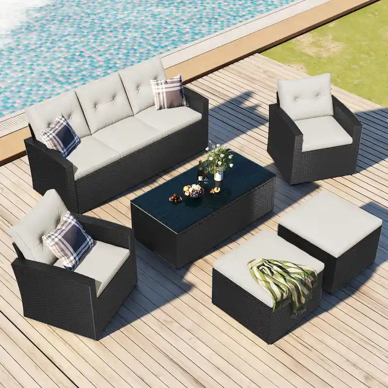 6 Piece Outdoor Patio Furniture Set, All-Weather Wicker Rattan Sectional Sofa Set with 2 Chairs, Ottomans and Coffee Table