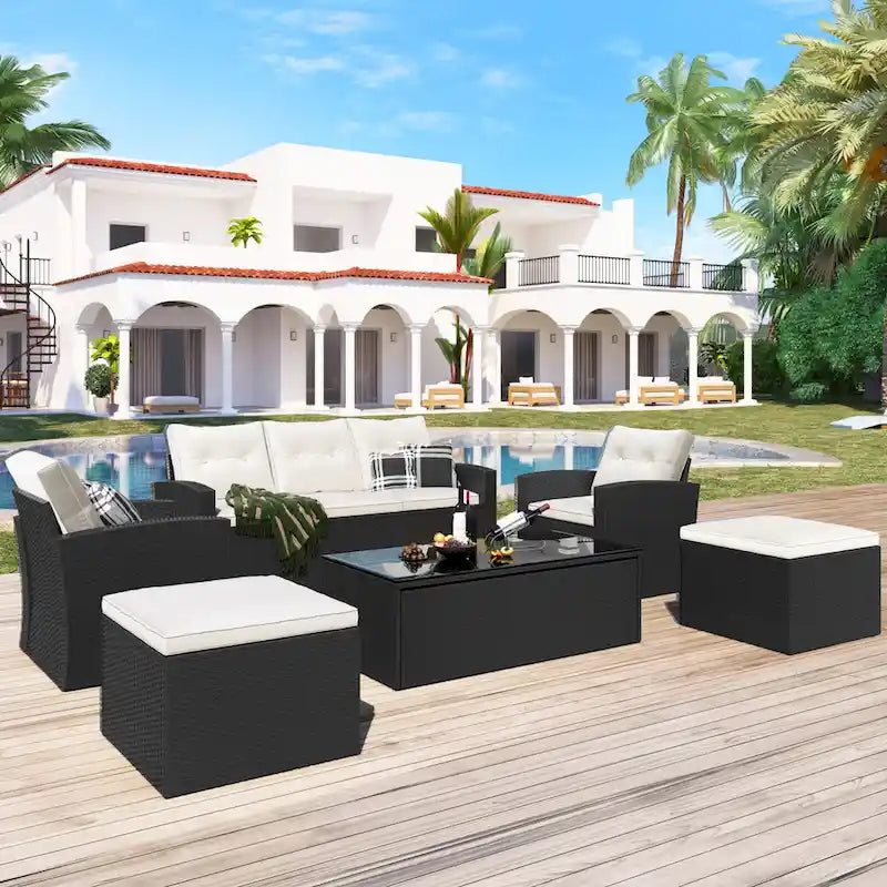 6 Piece Outdoor Patio Furniture Set, All-Weather Wicker Rattan Sectional Sofa Set with 2 Chairs, Ottomans and Coffee Table
