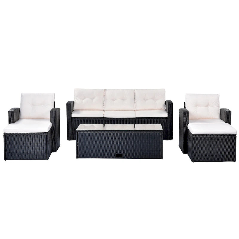 6 Piece Outdoor Patio Furniture Set, All-Weather Wicker Rattan Sectional Sofa Set with 2 Chairs, Ottomans and Coffee Table