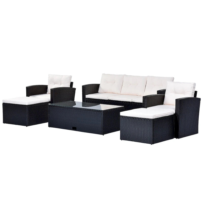 6 Piece Outdoor Patio Furniture Set, All-Weather Wicker Rattan Sectional Sofa Set with 2 Chairs, Ottomans and Coffee Table