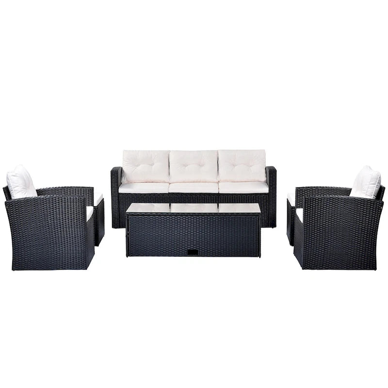 6 Piece Outdoor Patio Furniture Set, All-Weather Wicker Rattan Sectional Sofa Set with 2 Chairs, Ottomans and Coffee Table