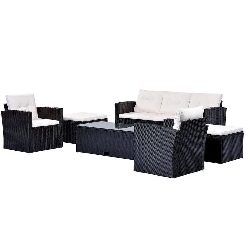 6 Piece Outdoor Patio Furniture Set, All-Weather Wicker Rattan Sectional Sofa Set with 2 Chairs, Ottomans and Coffee Table