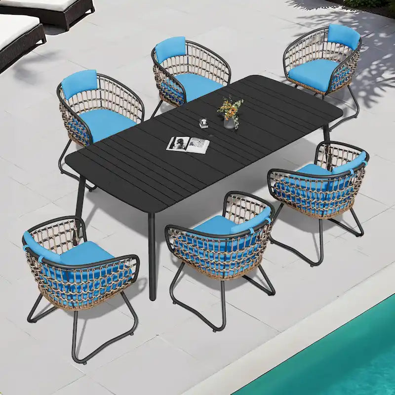 7-PC Outdoor Patio Dining Set Rectangular Aluminum Table with Umbrella Hole with Rattan Chair