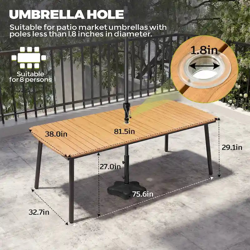 7-PC Outdoor Patio Dining Set Rectangular Aluminum Table with Umbrella Hole with Rattan Chair