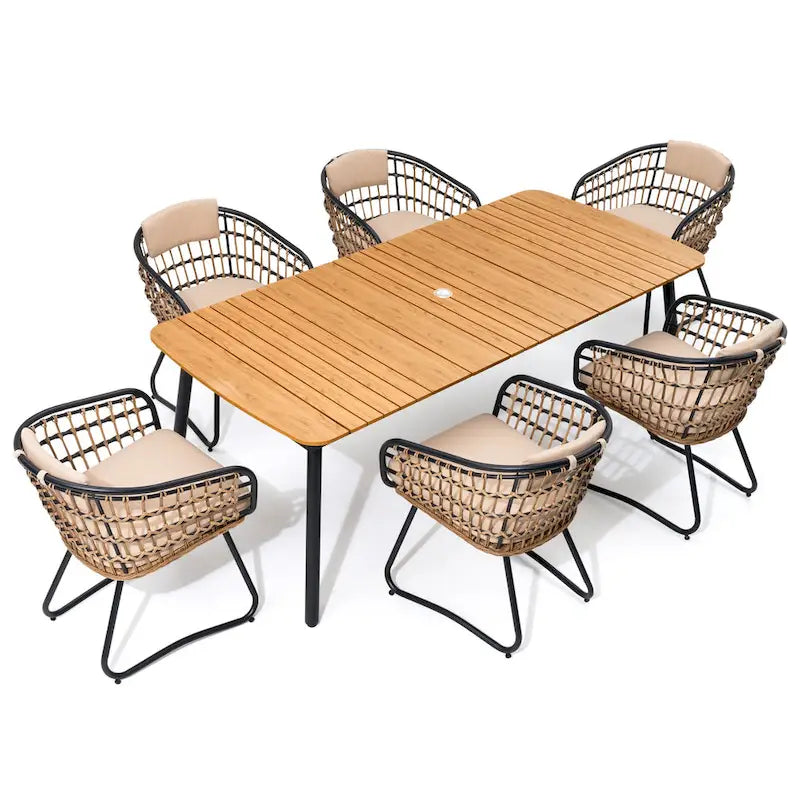 7-PC Outdoor Patio Dining Set Rectangular Aluminum Table with Umbrella Hole with Rattan Chair