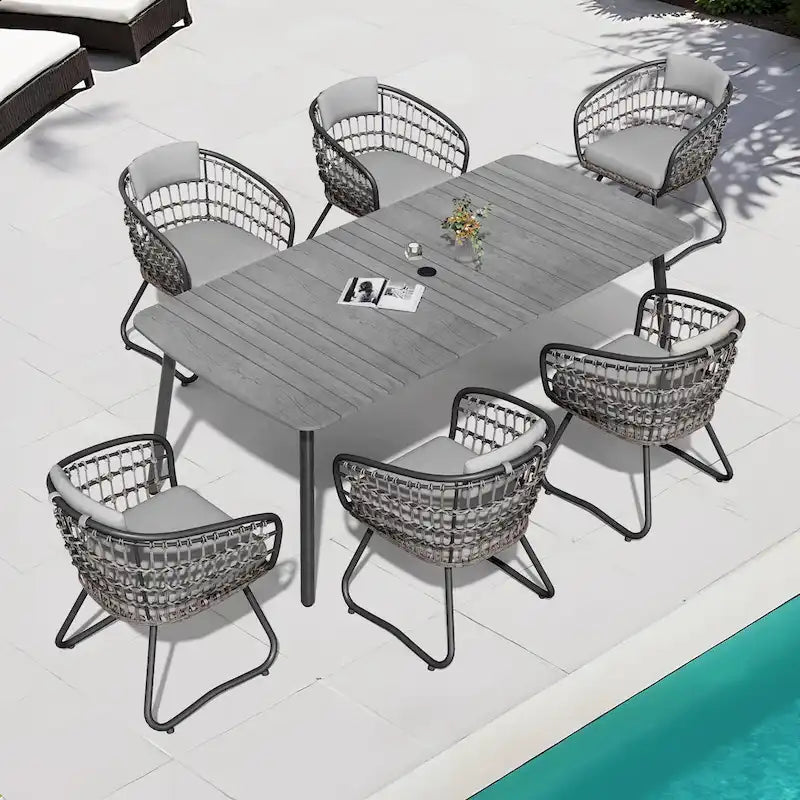 7-PC Outdoor Patio Dining Set Rectangular Aluminum Table with Umbrella Hole with Rattan Chair